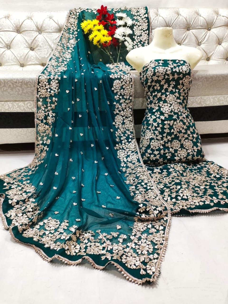 Emerald Green Net Embroidered Party Wear Dress