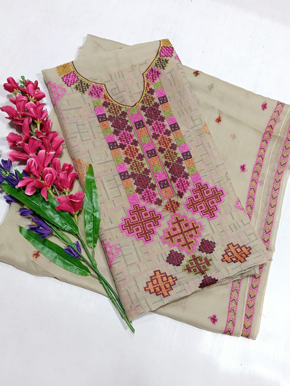 Stuffed Pure Chiffon Embroidered Shirt with Dupatta