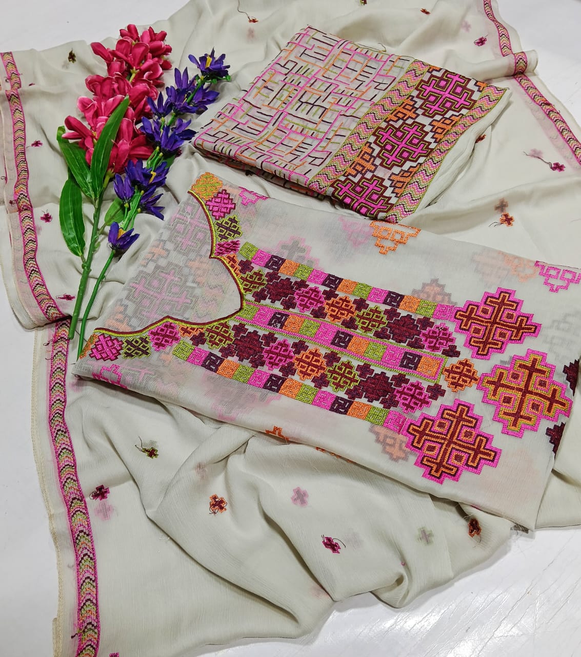 Stuffed Pure Chiffon Embroidered Shirt with Dupatta